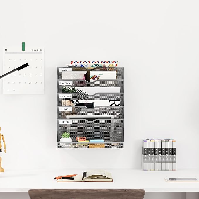 EasyPAG 5-Tier Wall File Holder, Mesh Hanging Folder Organizer with Classify Label, Versatile Desk File Organizer for Office Home, Vertical Wall Mounted Mail Sorter, Sides Closed, Silver