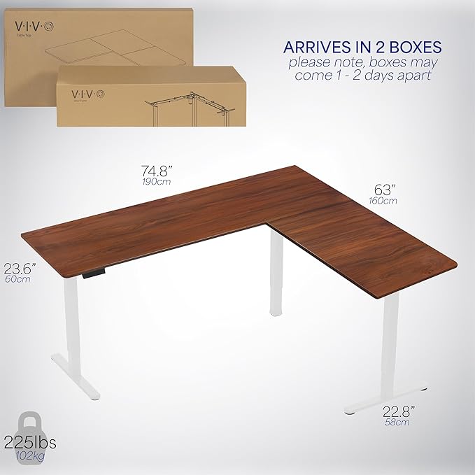 VIVO Electric Corner L-Shaped 75 x 63 in Standing Desk, Memory Height Adjustment, Dark Walnut Top White Frame, DESK-E3CTWD-75