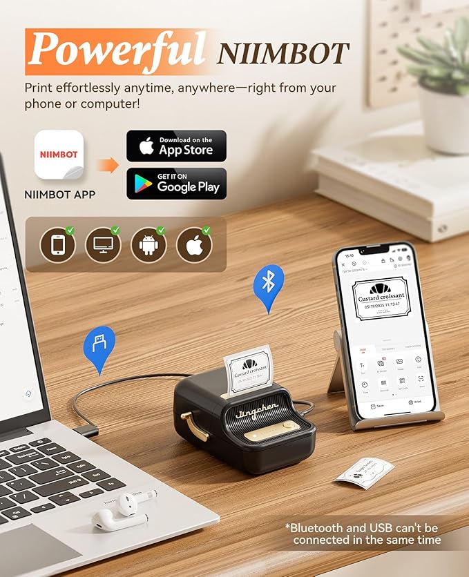 NIIMBOT B21 Inkless Label Maker, Portable Thermal Label Printer for Clothing, Address, Business, Compatible with iOS & Android, with 1 Pack 50x30mm White Label, Black