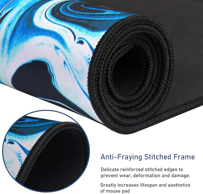 Gaming Mouse Pad with Stitched Edges, Durable Non-Slip Natural Rubber Base, Waterproof Computer Keyboard Pad Mat for Esports Pros/Gamer/Desktop/Office/Home - Marble Cyan