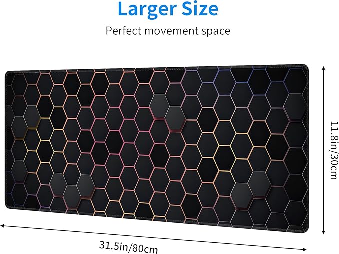 Hexagon Honeycomb Colorful Large Mouse Pad, Gaming Desk Mat, XL Extended Keyboard Desk Pad, 31.5"x11.8" Non-Slip Rubber Base Big Mousepad with Stitched Edges for Home and Office