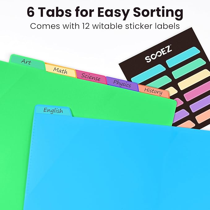 Sooez Plastic Folders with Pockets and Tabs, 6 Pack Pocket Folders with Writable Label Stickers, Fits 3-Ring Binder, Holds Letter/A4 Size Paper, Back to School Office Filing Supplies, Bright Colors