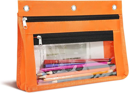 YoeeJob 1 Pack Pencil Pouch for 3 Ring Binder, Expandable Binder Pouches with Zipper, Large Capacity Pen Holder Case with Clear Window School Class Office Organizers, Orange