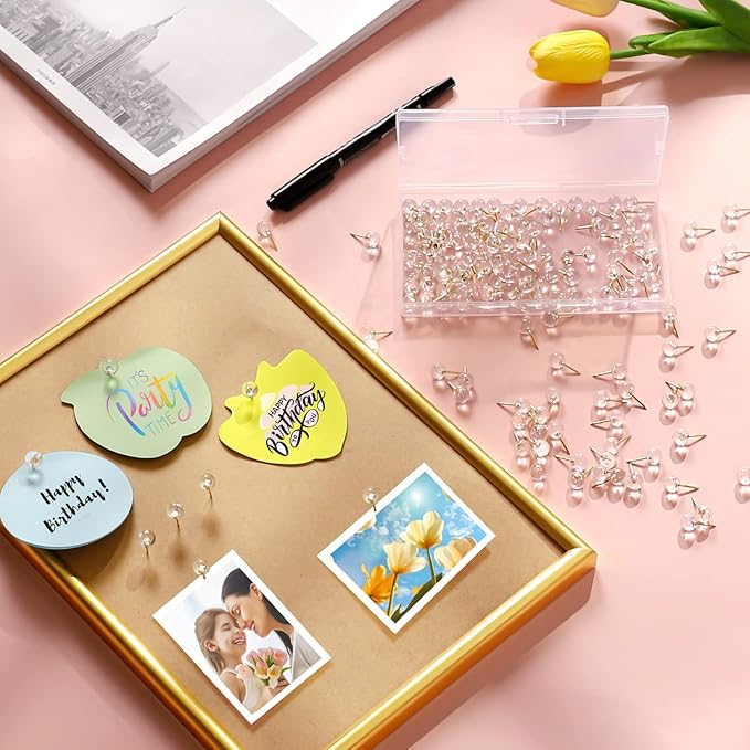 150 Pcs Push Pins, Standard & Transparent Plastic Head Steel Point Thumb Tacks for Wall, Office & Craft Organization (Gold)