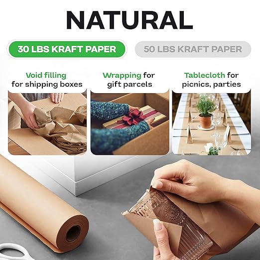 IDL Packaging 48" x 14400" (1200 feet) - USA-Made Large Brown Kraft Paper Roll - 30lb Thickness - Natural Kraft Wrapping Paper for Packing, Void Filling - Craft Material for Kids Art Projects