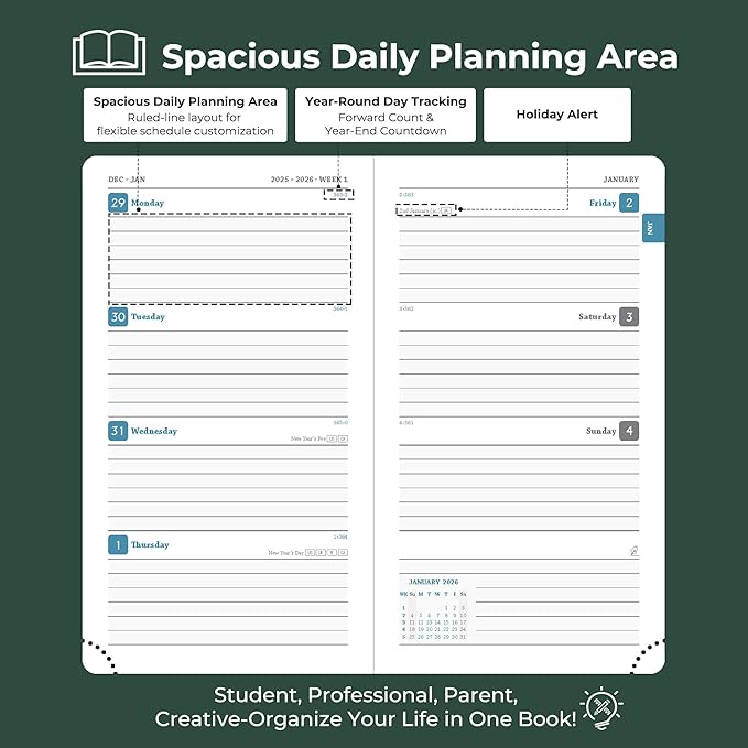 Weekly Monthly 2026 Planner (Jan.26-Dec.26),6.5"x3.75",12 Months Agenda Plan with Month Tabs & Pocket,Expenses/Note Pages, Appointment Book Calendar with Hardcover Vegan Leather Cover,Green