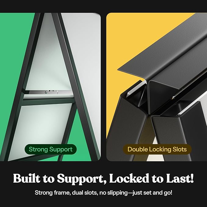T-SIGN Outdoor A-Frame Sidewalk Sign 24x36 Inch Sandwich Board, Black Coated Steel Metal Double-Sided, Heavy Duty Slide-in Folding Frame Sign Holder, 2 Corrugated Plastic Poster Boards, Display Stand