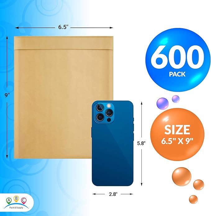 ABC PACK & SUPPLY Brown Kraft Bubble Mailer Envelopes, 6.5 x 9 Inches. 600 Pack Mail Padded Envelopes Self Seal. Kraft Bubble Mailers. Tear-Resistant Mailing Envelope Padded. Sturdy Paper Mailer