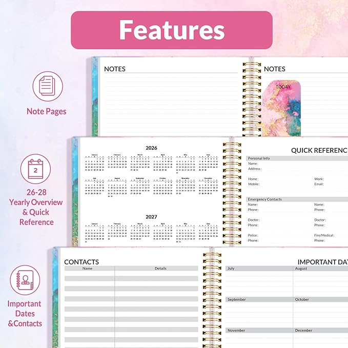 SUNEE 2026 Weekly and Monthly Planner - from January 2025 - December 2025, 6.4" x 8.3" Daily Agenda Planner with Monthly Tab, Flexible Cover, Note Pages, Pockets, Bookmark, Spiral Binding, Marble