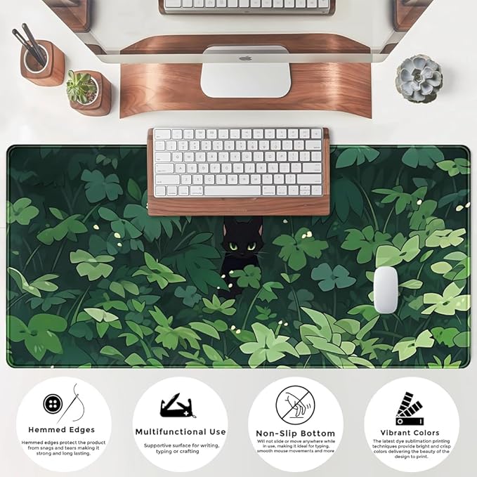 Black Cat Anime Desk Gaming Mat, XL Green & Large, 31.5x15.8in, for Women & Offices