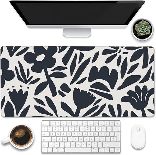 Desk Pad,Hand Drawn Leaves and Flowers Desk Mat,Abstract Plant Large Gaming Mouse Pad for Desk,Extended Big Computer Keyboard Mouse Pad with Non-Slip Base and Stitched Edge,35.4"x15.7"