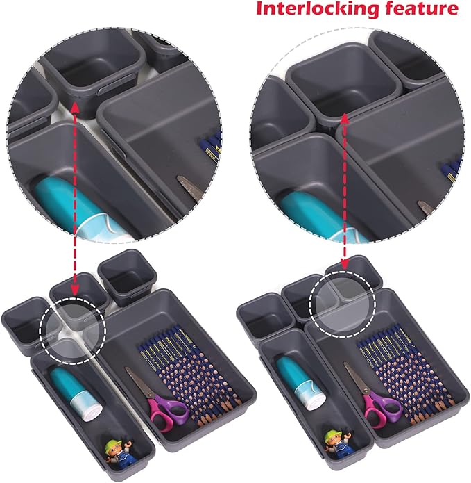 Set of 16 Interlocking Desk Drawer Organizer Tray Dividers Plastic Shallow Narrow Drawers Organizers Separators and Storage Bins Container for Kitchen Bathroom Makeup Office Vanity Bedroom Dresser