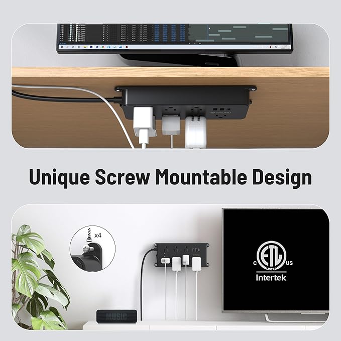 TROND Power Strip Surge Protector, 7 Widely-Spaced Outlets, 2 USB-A & 1 USB-C, ETL Listed, Flat Plug 5ft Extension Cord, Wall Mountable, 1700J, 14AWG Heavy Duty, for Home Office Garage, Black