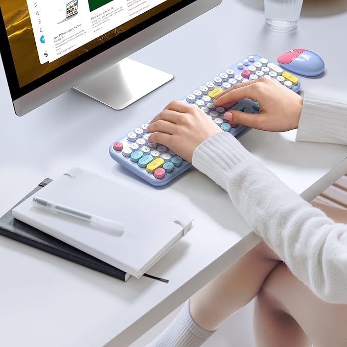 Wireless Keyboard and Mouse Combo, Full-Sized Typewriter Keyboards, Cute Cat Shaped Wireless Mouse, USB Plug and Play for Windows, Computer, PC, Laptop, Desktop (Blue Colorful)