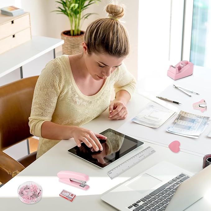 Office Desk Accessories, Pink Office Supplies Set Desk Accessories for Women, Cute Office Supplies with Stapler, Mini Stapler, Staple Remover, Tape, Clips, Scissor and Tabs, Stationary Set for Student