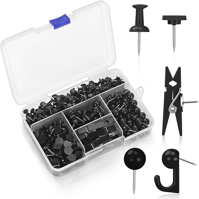 275pcs Black Push Pins,5 Styles TACS, Black Thumb Tacks, Plastic Head Push Pins for Cork Board, Bulletin Boards, Wall, Maps, Cork Board Accessories
