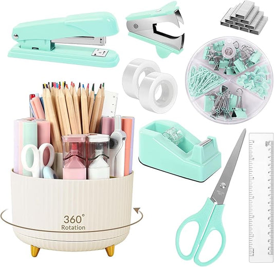 SKYDUE Teal Office Supplies Set, Office Desk Accessories 10Pcs, Pencil Holder for Desk, Stapler, Tape Dispenser, Scissors, Clips and 1000pcs Staples, School Supplies for Teacher
