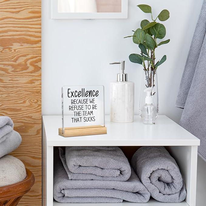 Funny Office Decor, Team Gifts for Employees, Best Team Gift, Boss Gifts for Women Men, Excellence Because We Refuse to Be The Team That Sucks, Acrylic With Wooden Stand for Office Desk Table Shelf