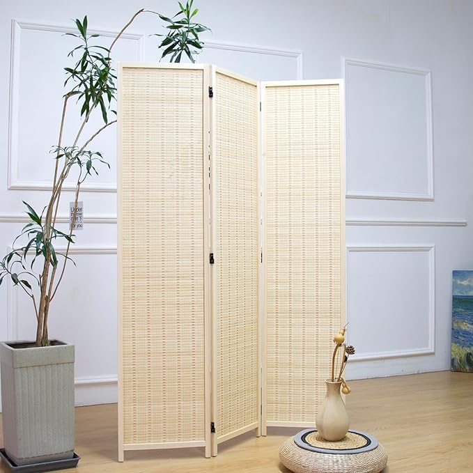 3 Panel Room Divider and Folding Panel Screen,Bamboo Panel Divider Screen for Room Separation,Beige,67" H x 46" W