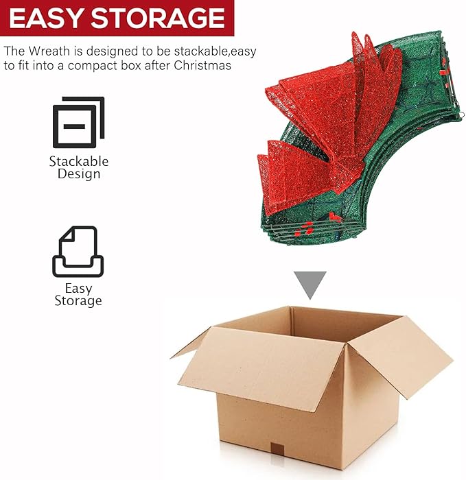 Hykolity 60 in. 3D Lighted Outdoor Christmas Wreath with 210 LED Lights & Red Bow, Christmas Holiday Yard Decoration for Garden, Porch - Green