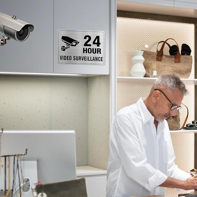 24 Hour Video Surveillance Sign Aluminum Silver 8 x 6 Inches Self-Adhesive Waterproof Metal Door Wall Sign for Business Restaurants 2 Pack