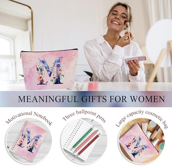 Personalized Gifts Monogrammed Birthday Gifts for Women, Her, Teacher Mother in Law Wedding Christmas Initial 20 oz Tumbler, Makeup Bag Cup Pens Journal Notebook 6 Set, (Aesthetic Pink Flower M)