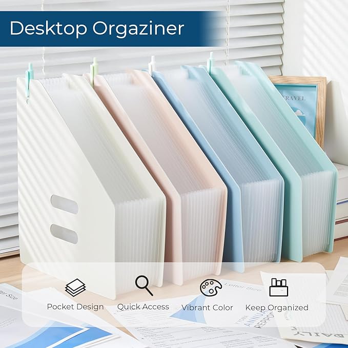 Y YOMA 2 Pack Expanding Magazine Holder with 13 Pockets | Portable Desktop Plastic Self Standing Accordion File Organizer for A4 Letter Size Document Storage Home Office School, Grey