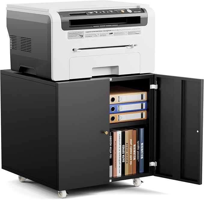 Warmiehomy Metal Printer Stand with Storage Mobile Printer Tables for Small Spaces with Door Adjustable Shelf File Cabinet on Wheels for Home Office (Black)