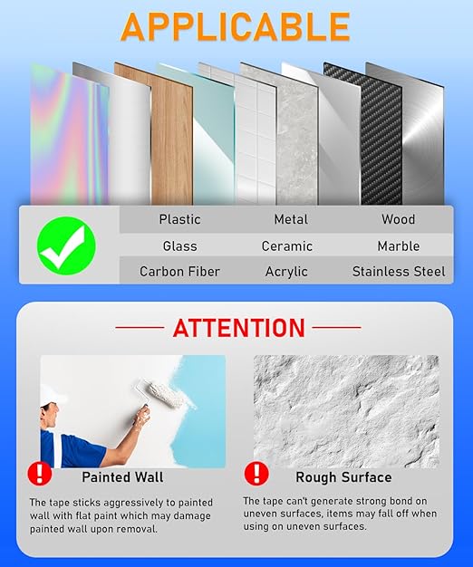 Heavy Duty Mounting Tape with Inch Measure Mark, Removable Clear Traceless Double Sided Strong Adhesive Tape for Wall, Carpet, Poster, Dorm Room, No Residue 1.18" x 15Ft