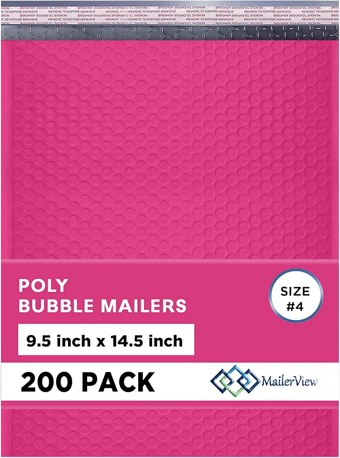 Hot Pink Large Poly Bubble Mailers 9.5x14.5 inch #4 | Self Seal Padded Envelopes Cushioned Bubble Mailer | Usable Size 9.5x13.5 | WaterProof | Lightweight mailing Shipping Bags | 200 Pack Bulk
