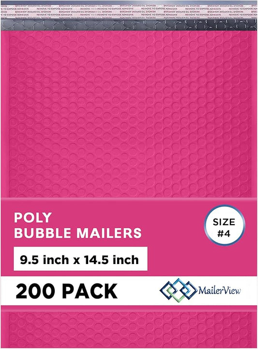 Hot Pink Large Poly Bubble Mailers 9.5x14.5 inch #4 | Self Seal Padded Envelopes Cushioned Bubble Mailer | Usable Size 9.5x13.5 | WaterProof | Lightweight mailing Shipping Bags | 200 Pack Bulk