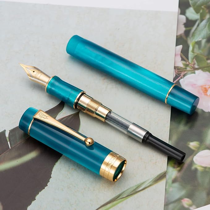 Jinhao 100 Fountain Pen Celluloid Classic Style, #6 Nib Smooth Writing Instrument with Refillable Converter and Pen Case Set