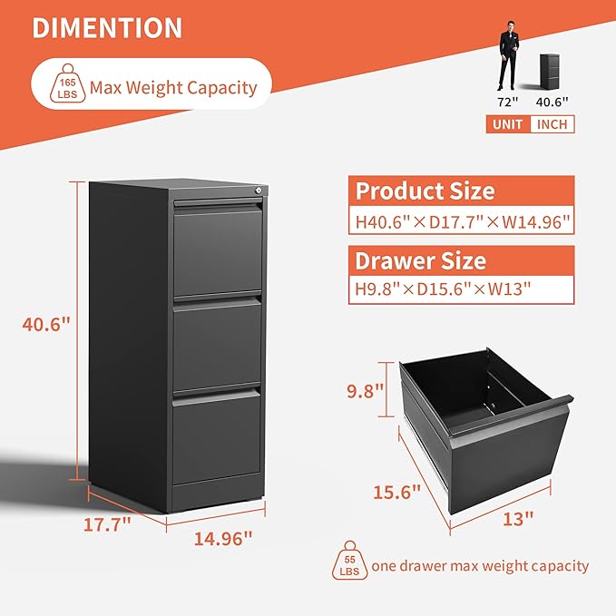 3 Drawer File Cabinet,Metal Filing Cabinets for Home Office,Vertical File Cabinet with Lock,Heavy Duty Metal Storage Cabinet for A4/Letter/Legal Size Files,Assembly Required