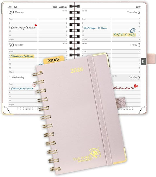POPRUN 2026 Planner (Pocket Size 4''x 6.25'' Wire-Bond Hard Cover) Calendar Weekly and Monthly (Jan.2026-Dec.2026) Small Planner with Hourly Time Slots, for Purse, 100 GSM - Light Pink