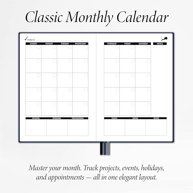 Undated Day Planner & Calendar – 6-Month Life Organizer for Productivity, Time-Management & Focus | 24-Hour Hourly Agenda for Men & Women, Vegan Leather Hardcover (Blue)