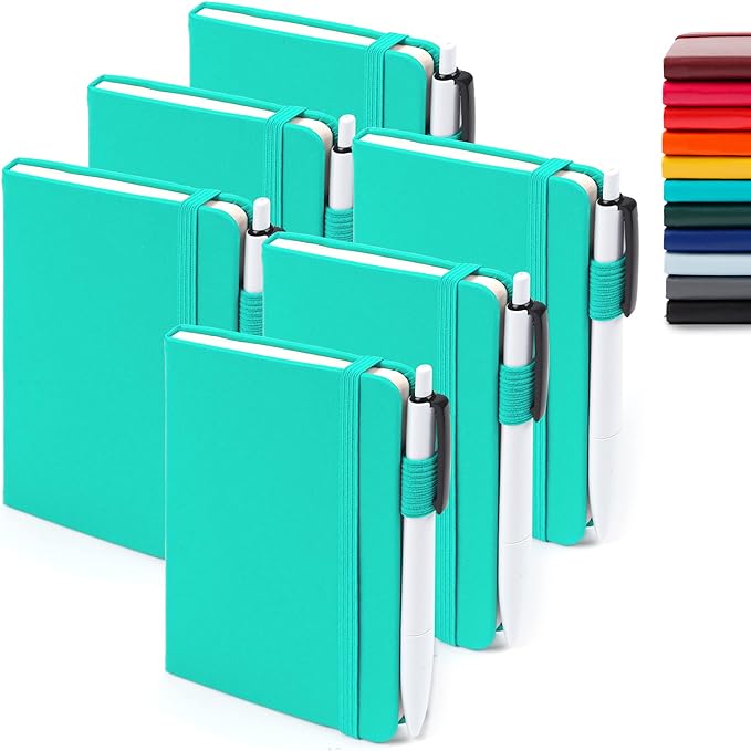 feela 6 Pack Pocket Small Notebooks Bulk, Mini Cute Memo Notepads Hardcover College Ruled Lined Journals with Pen Holder for Women Girls Office School, with 6 Black Pens, 3.5”x 5.5”, A6, Aqua