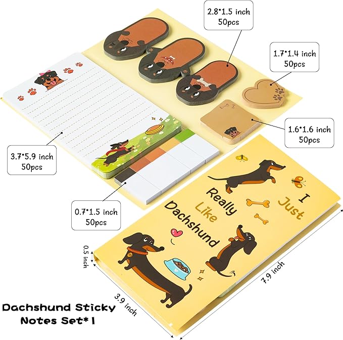 Xqumoi I Just Really Like Dachshund Sticky Notes Set, 550 Sheets Cute Cartoon Dachshund Self-Stick Notes Pads Animal Divider Tabs Bundle Writing Memo Pads Back to School Office Supplies Small Gift