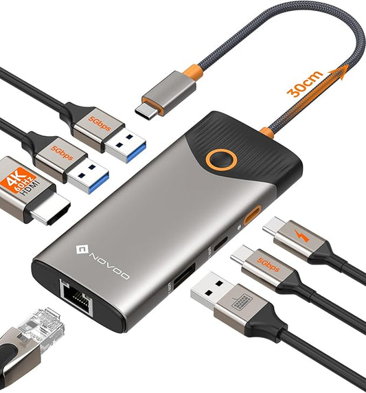 NOVOO USB C Hub Ethernet 4K@60 USB C HDMI Adapter Multiport Type C Adapter, 100W PD, 5Gbps USB-A/C Data Ports Docking Station Compatible for MacBook/iPhone/Dell/HP/Surface
