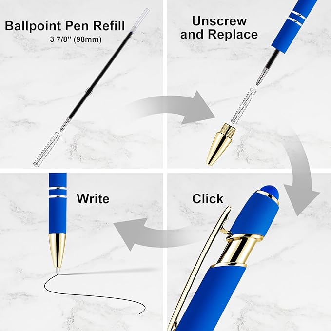 LINFANC 12 Pack Blue Gold Ballpoint Pen with Stylus Tip, 1.0 mm Black Ink Smooth Writing Pens, Metal Stylus Pens for Touch Screens