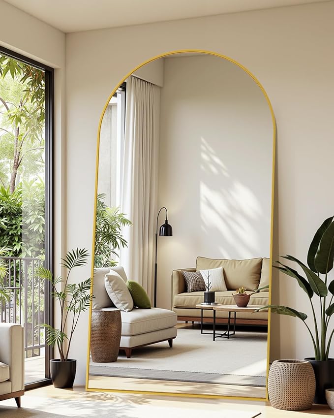 Full Length Mirror, 86"x46" Oversized Floor Mirror Freestanding, Full Body Mirror Floor Standing Mirrors with Stand, Hanging Mounted Mirrors for Bedroom Living Room, Gold, Arched Style