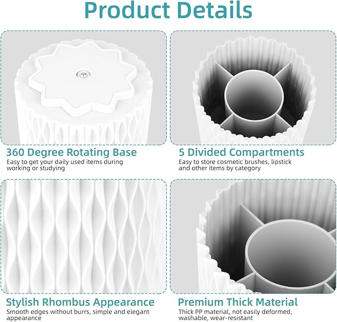 White Pen Holder for Desk, 360 Degree Rotating Desk Organizer with 5 Compartments, Pen Pencil Makeup Brush Holder, Cosmetics Lipsticks Pen Organizer for Home Office School