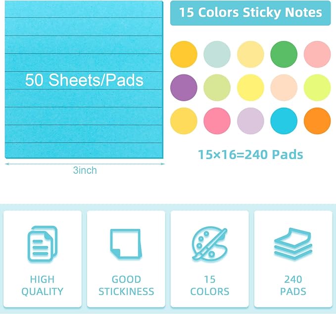 Seajan 240 Pads 3 x 3 Inch Sticky Notes Notepads Multi Bright Colors Self Sticky Pads for Students Teachers School Office Supply Desk Accessory 15 Colors, 50 Sheets Each(Neon,Line)