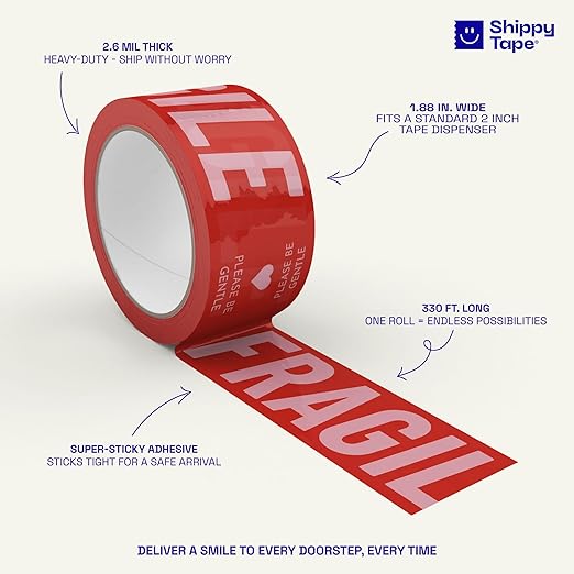 Fragile Packing Tape, Please Be Gentle, Red Pink Cute Designer Packaging and Shipping Tape for Small Business - Printed Tape for Moving, 1.88" x 110 Yards (330 feet)