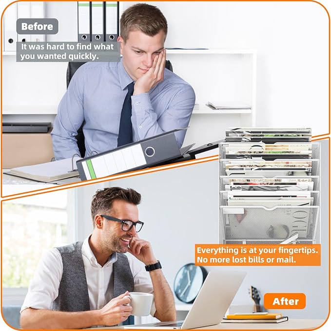 6 Tier Magnetic File Holder, Large Capacity Mesh Hanging Wall Organizer Vertical Magnetic Hanging File Organizer, Magnetic File Folder Holder for File Cabinets, Office, Whiteboard (White)