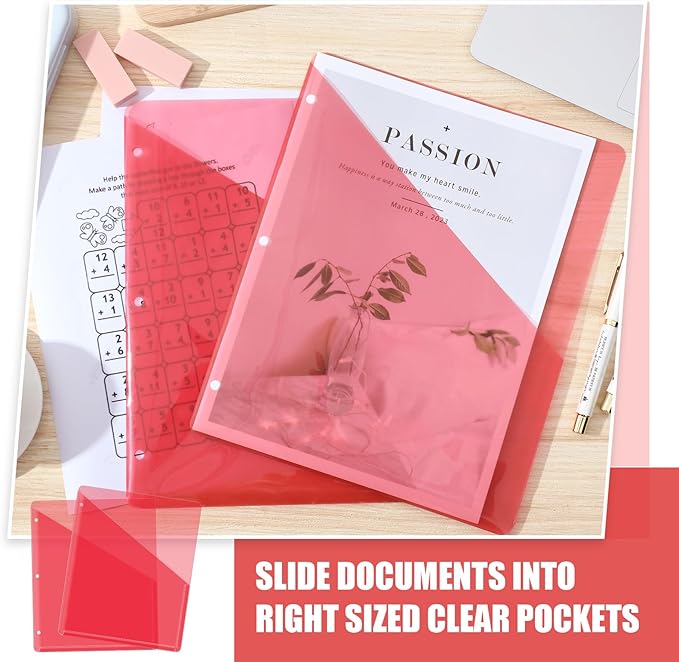Seajan 48 Pcs Pocket Folders for 3 Ring Binder Clear Plastic Folders Sleeves with 2 Pockets 3 Hole Punch Binder Dividers Poly Slash File Jackets for Office School Document Organizer (Red)