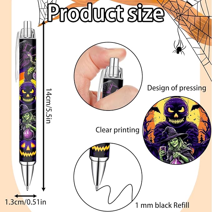 Idealmuzik Halloween Pens Set – Fun Ballpoint Pens for Adult, Students, and Stationery Lovers – Smooth Writing Pens for School, Journaling, or Party Favors – Haunted Holiday Design, 8 Pack