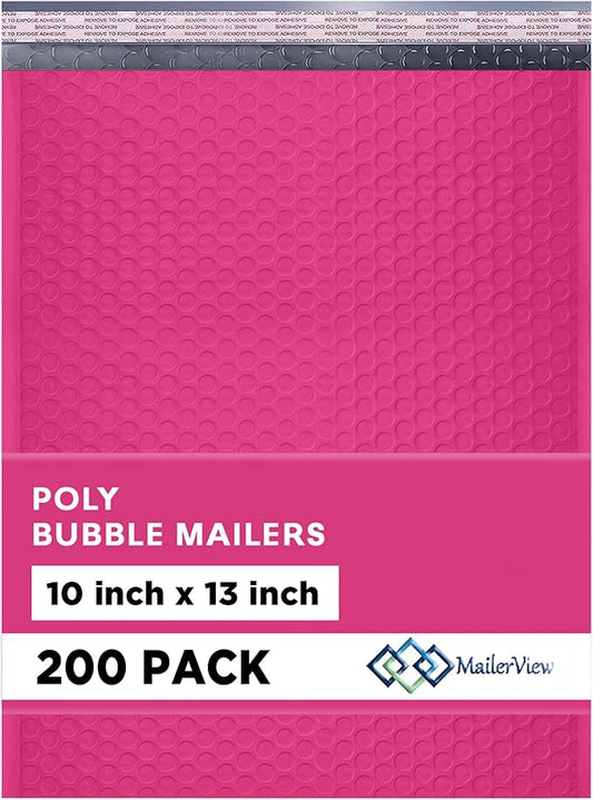 Hot Pink 10x13 Inch Poly Bubble Mailers |Self Seal Padded Envelopes for Thick books | Air Cushioned Bubble Mailer | Usable Size 9.5x13 | Waterproof Lightweight Mailing Shipping Bags | 200 Pack Bulk