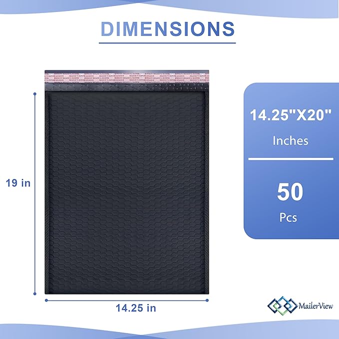 Black Extra Large Poly Bubble Mailers 14.25x20 inch #7 | Self Seal Large Padded Envelopes | Air Cushioned Bubble Mailer | Usable Size 14.25x19 Lightweight Mailing Shipping Bags| 50 Pack Bulk |USA Made