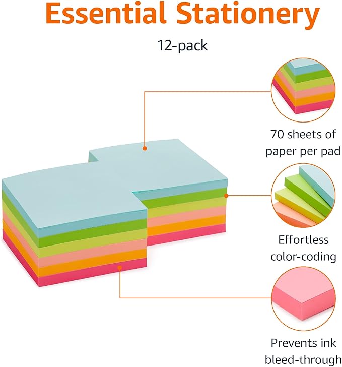 Amazon Basics Sticky Notes, 3x3 Inches, Assorted Colors Self-Stick Pads, Easy to Post for Home, Office, Notebook, 70 sheets/Pad, Pack of 12