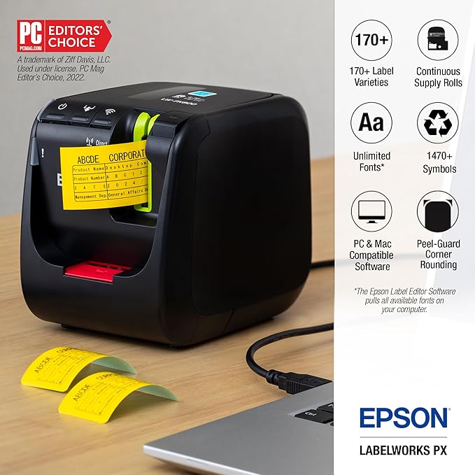 LABELWORKS Epson LW-PX800 Industrial Wireless Label Maker - Desktop Label Printer Compatible with Large Variety of Tape Types